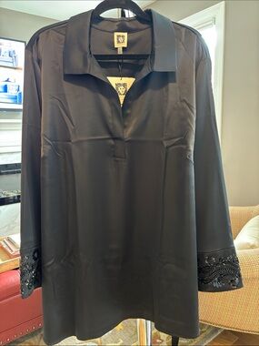 Stunning Anne Klein Black Satin V-Neck Tunic with Generously Beaded Cuffs NWT